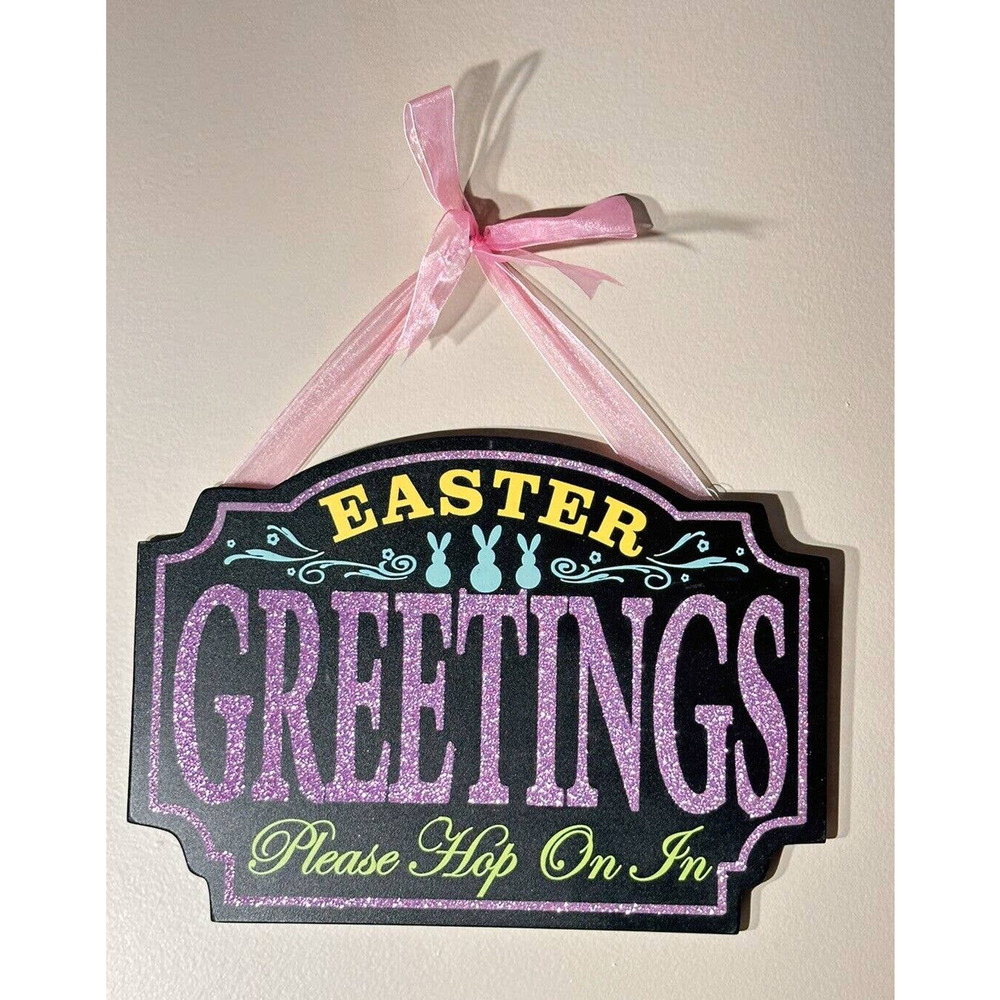Hobby Lobby Black Wood Easter Greetings Pink Blue Green Bunny Hanging Sign Decor